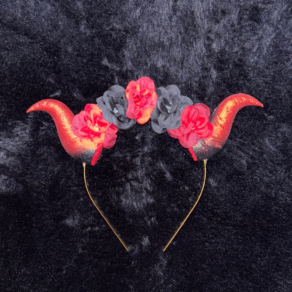 Floral Horned Headband - Red and Black